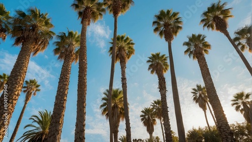 Rows of tall palm trees against a clear blue sky