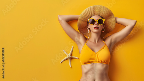 Stylish swimsuit sunglasses hat earrings and starfish