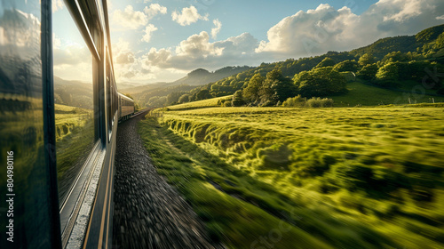 passenger train speeding along scenic railway with lush green hills rolling by outside the window and the rhythmic clickety-clack of the tracks creating soothing soundtrack for travelers embarking photo
