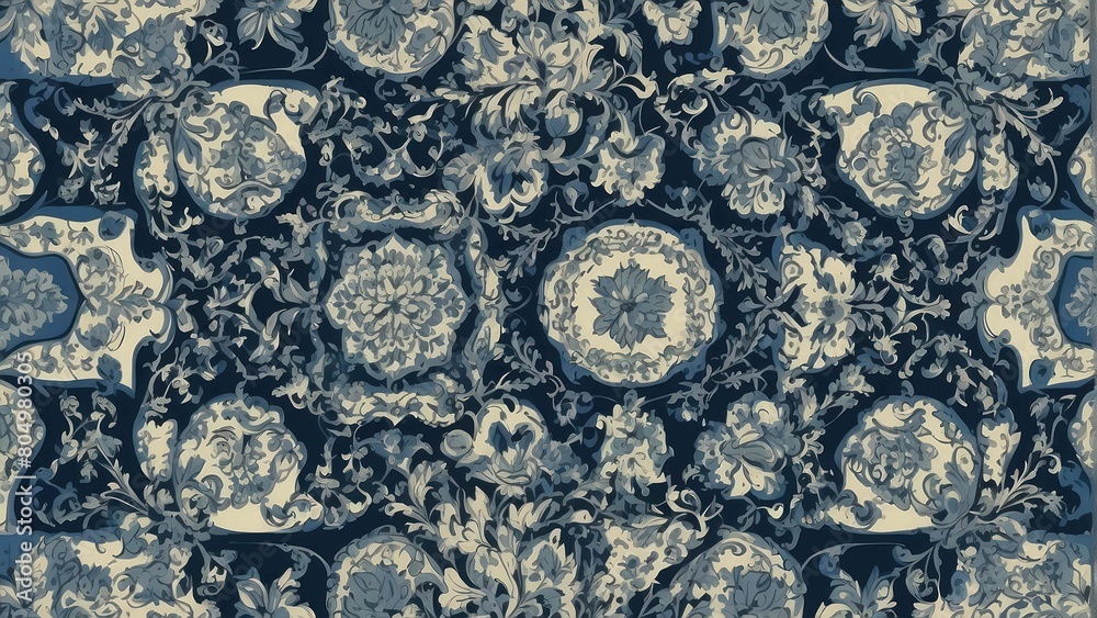 Traditional blue and white floral fabric or wallpaper design
