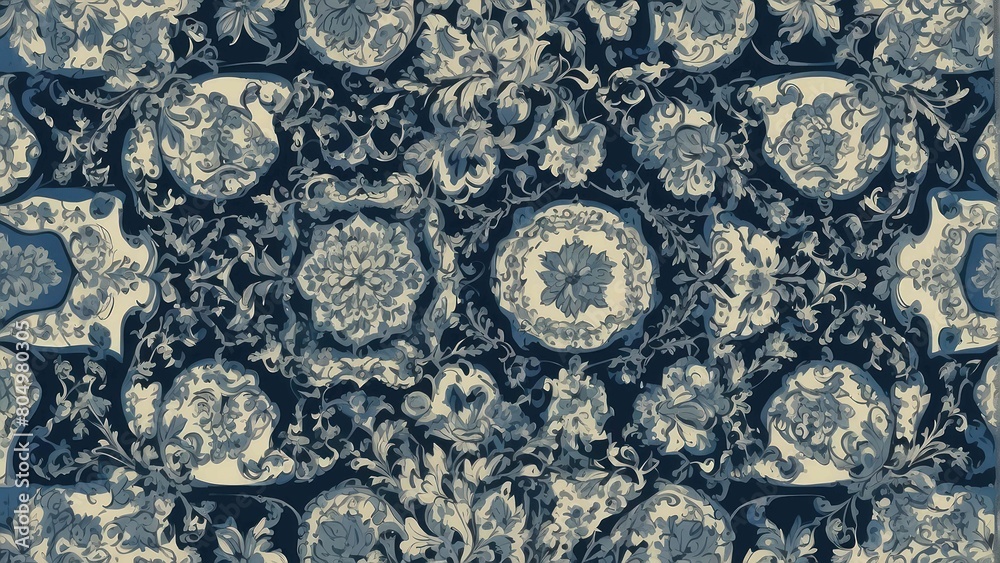 Traditional blue and white floral fabric or wallpaper design Traditional blue and white floral fabric or wallpaper design