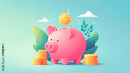 Pink piggy bank with a coin that falls into the hole in the piggy bank. Vector illustration of savings, finance, banking, sale. Business concept illustration. Concept for web banner, social media 