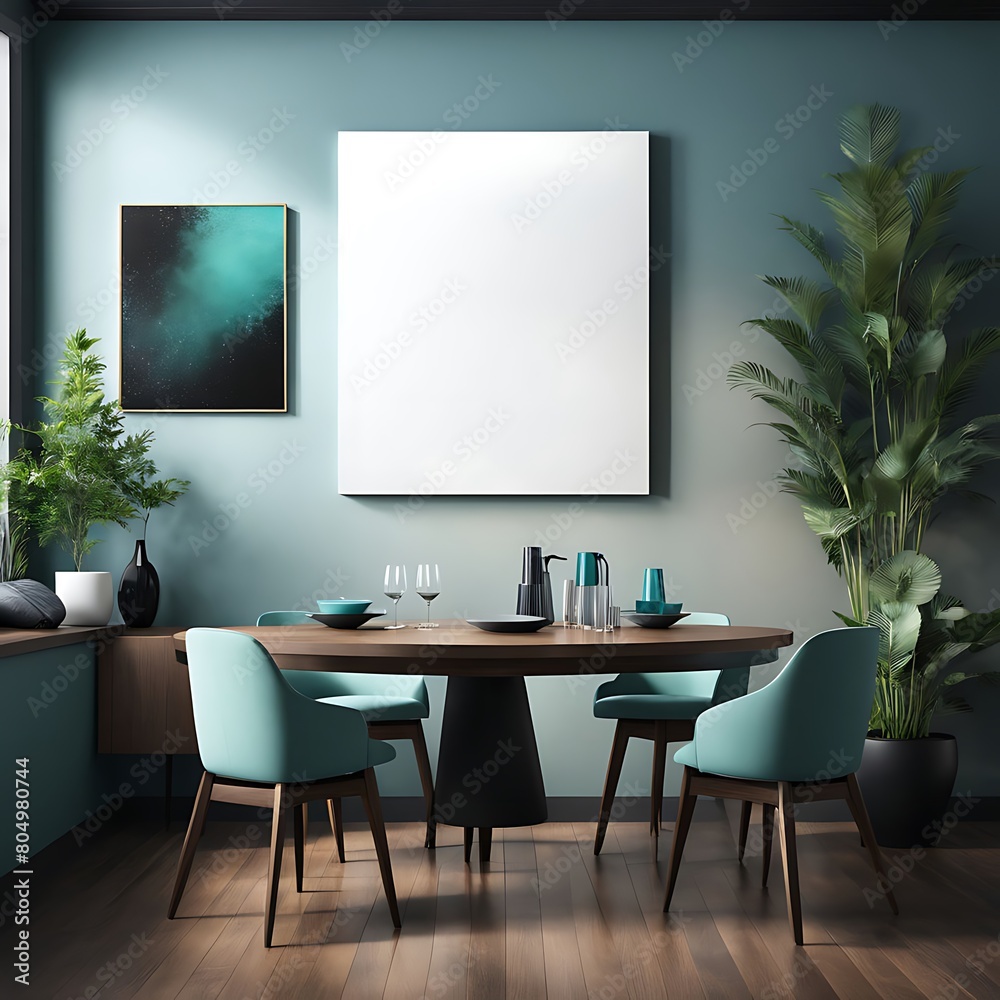 Meeting area or dining room with large black round table and teal cyan chairs. Empty wall turquoise azure paint color accent. Dinning modern kitchen interior home or café. Mockup for art. 3d render Meeting area or dining room with large black round table and teal cyan chairs. Empty wall turquoise azure paint color accent. Dinning modern kitchen interior home or café. Mockup for art. 3d render