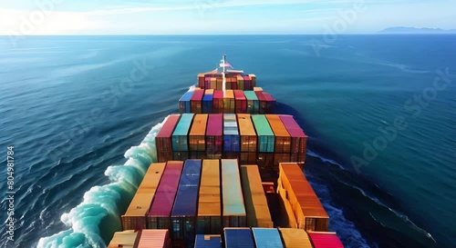 Cargo ship transporting colorful containers across the ocean, representing global trade and logistics photo