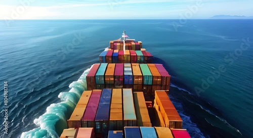 Cargo ship transporting colorful containers across the ocean, representing global trade and logistics