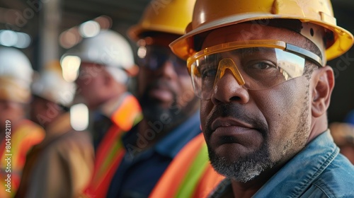 Close up of group of multi-ethnic construction workers wearing hard hats and safety glasses