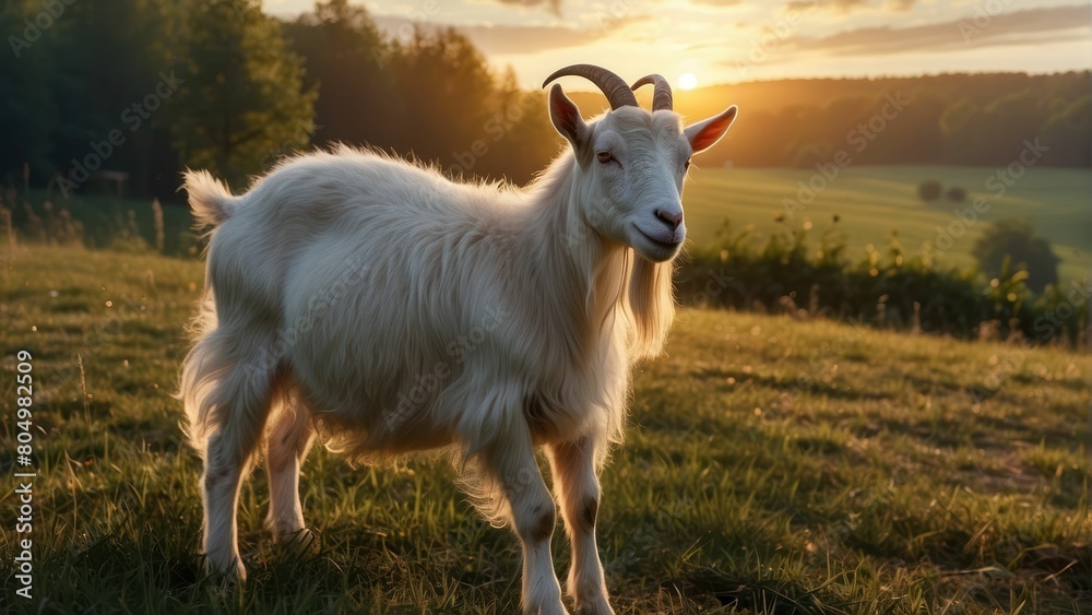 Obraz premium Serene goat in a field at sunset with warm, golden tones