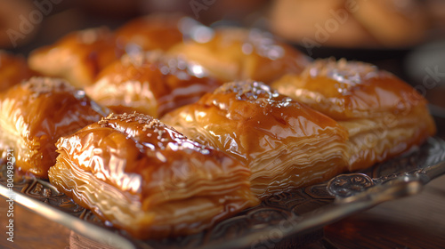Close up shot of dates or baklava with a blurred background for text