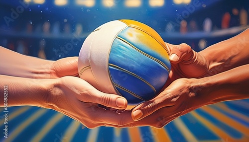 Teamwork and skill player s hands set ball for spike in olympic games, sports concept