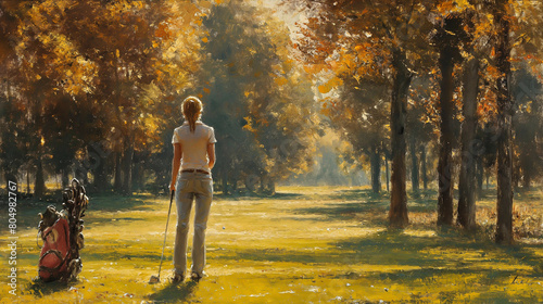 Painting of a man standing in a field with a golf bag . AI Generated photo