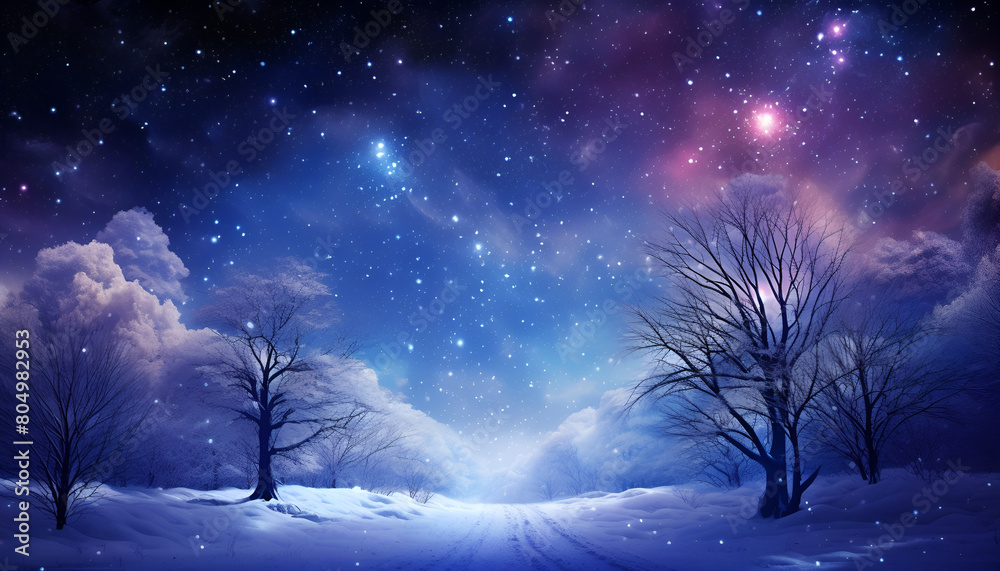 christmas, winter, snow, tree, landscape, holiday, night, xmas, sky, illustration, snowflake, star, blue,