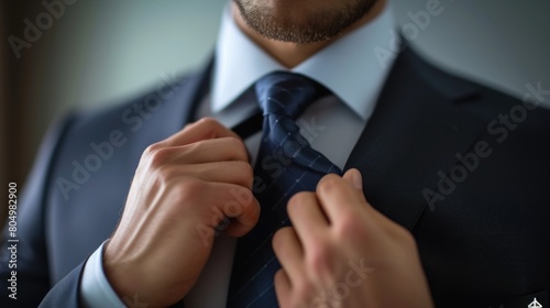 Close up of business man hand adjust his necktie at modern suit. Professional project manager wearing formal or getting dressed while preparation cloth for getting interview. Focus on hands. AIG42.