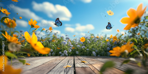 Blossom Yellow Cosmos flowers in garden with wood plank floor and flying butterfly against blue sky  summer  and spring time theme background.
