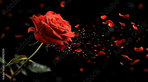 Fototapeta Naklejka Na Ścianę i Meble -  concept red rose and rose petals in the fall against a dark background.