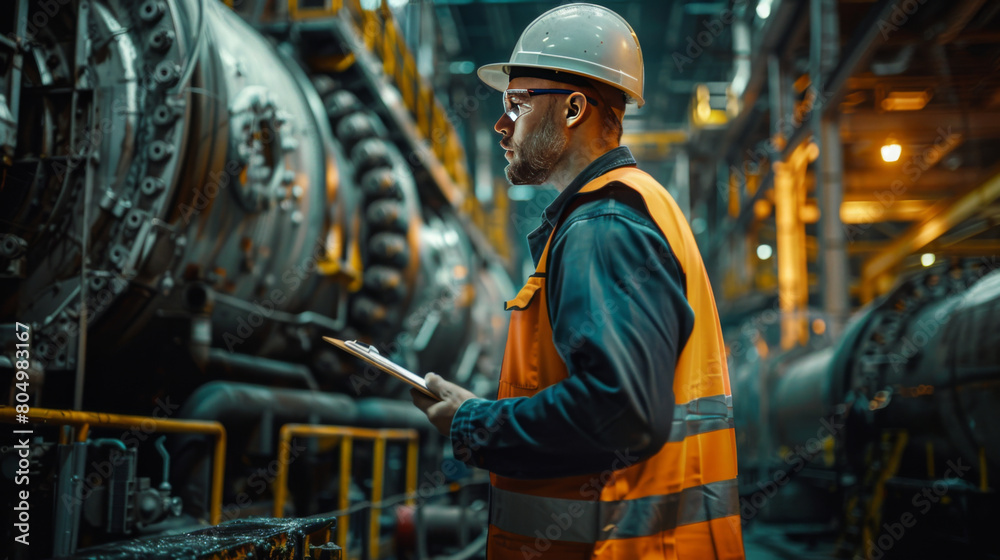 A skilled worker with clipboard monitors complex machinery at an industrial manufacturing plant. A skilled worker with clipboard monitors complex machinery at an industrial manufacturing plant.