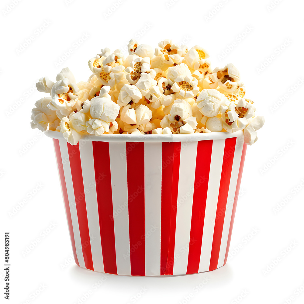 Full bucket of popcorn with red and white stripes, isolated on a white background