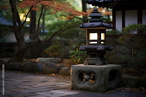 A stone lantern stands sentinel at the entrance  casting a warm glow as dusk begins to settle.