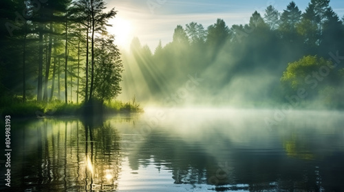Morning fog on the lake  sunrise shot