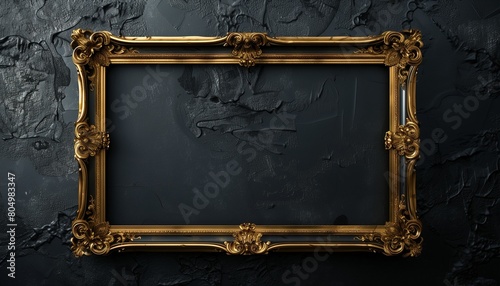 Elegant Gold Filigree Picture Frame Mockup, Set Against a Seamless Obsidian Black Canvas © SardarMuhammad