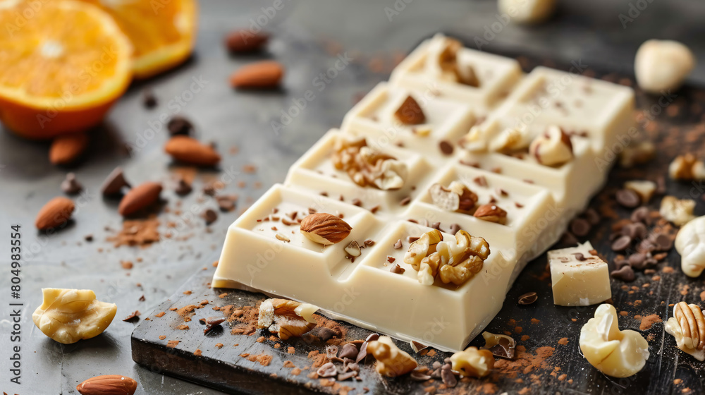 Sweet white chocolate with nuts and orange on table