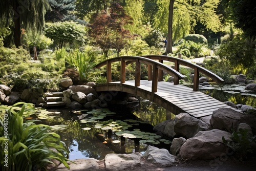 A wooden bridge spans the pond  inviting visitors to cross over and explore the garden s hidden corners.