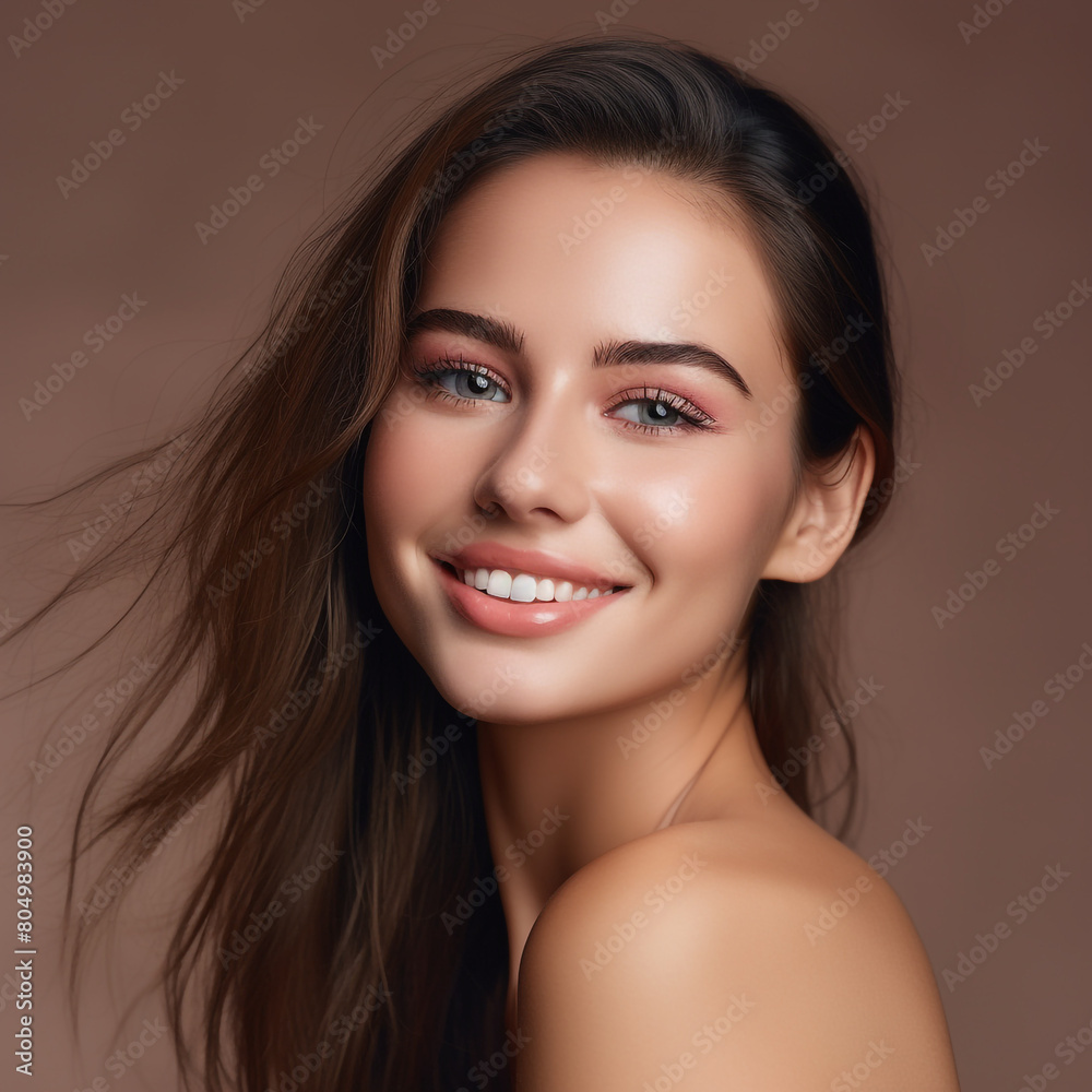 Happy young woman sitting on sofa at home and look 