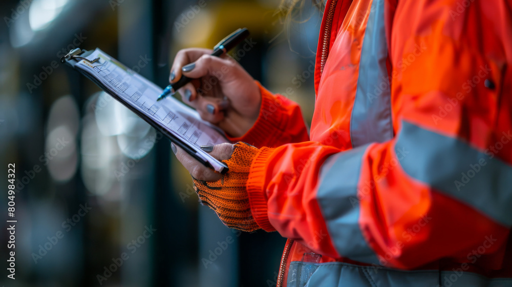 A close-up view of a female worker in a high-visibility jacket writing on a clipboard, deeply focused and outdoors. A close-up view of a female worker in a high-visibility jacket writing on a clipboard, deeply focused and outdoors.