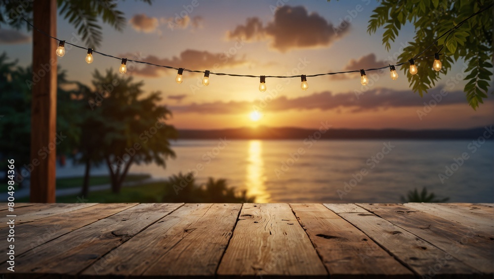 Fototapeta premium mpty Wood table top with decorative outdoor string lights hanging on tree in the garden , Daylight saving time end, real estate concept and blurred landscape of river beach Blue sky with sunset