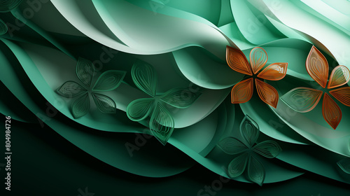 Abstract background in Ireland flag colors. With abstract green clover leaf - symbol for Irish holiday St. Patrick's day. photo