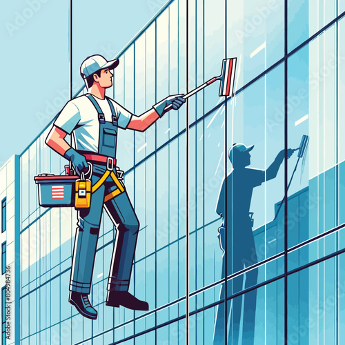 illustration of a janitor cleaning the glass of a building at high altitude