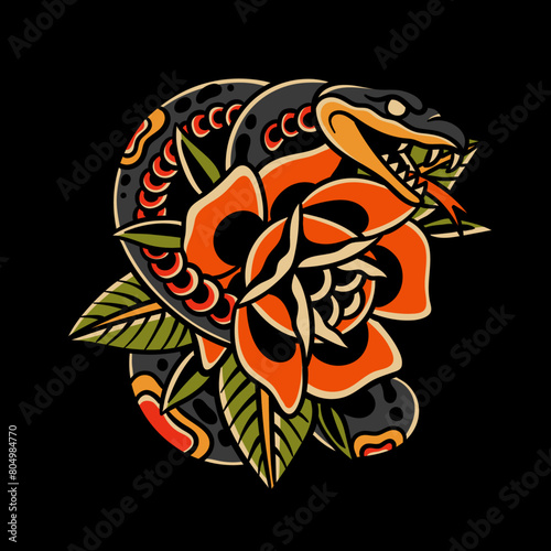 snake rose old school tattoo design (ID: 804984770)