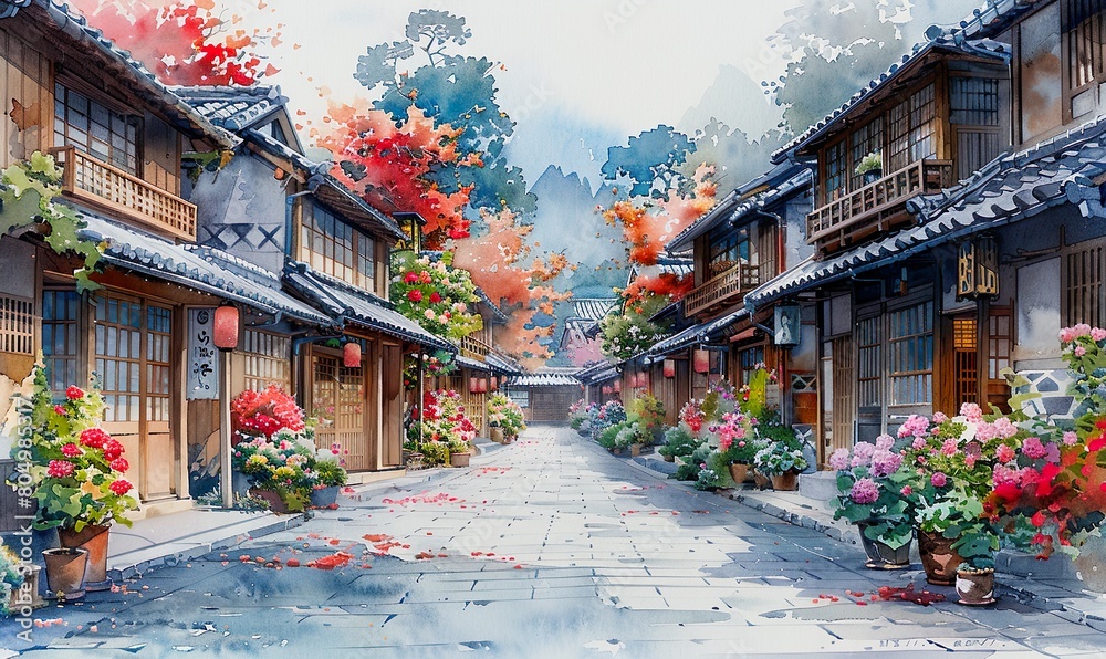 Obraz premium Kyoto streets with windows and houses and flowers in watercolor style
