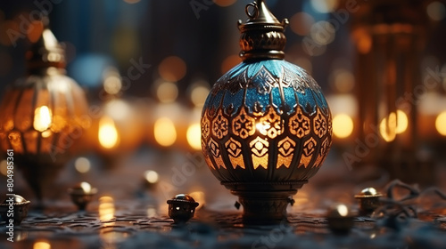 Ramadan concept. Dates close-up in the foreground. Ramadan Lantern on a wooden table. Space for text.