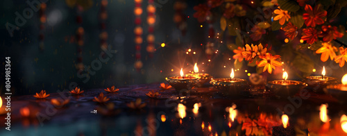 Vibrant and festive Diwali scene with candles, flowers, and sparkling lights reflecting on a wet surface.