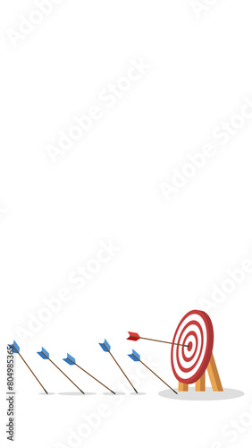 Business challenge failure and success concept. Blue arrows missed hitting target and only red one hits the center.	