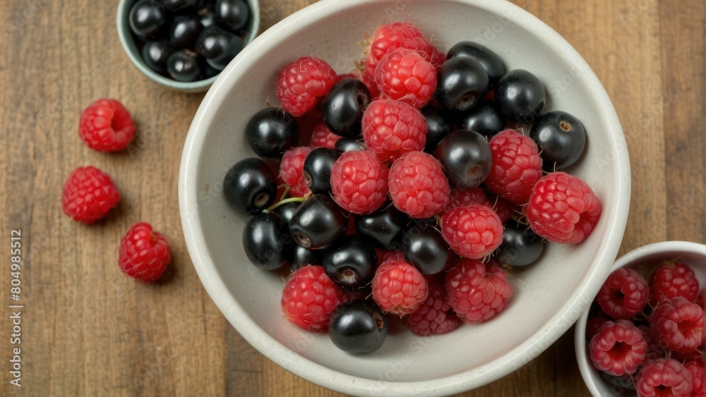 Bowl of fresh berries with raspberries and blackcurrants on table Bowl of fresh berries with raspberries and blackcurrants on table