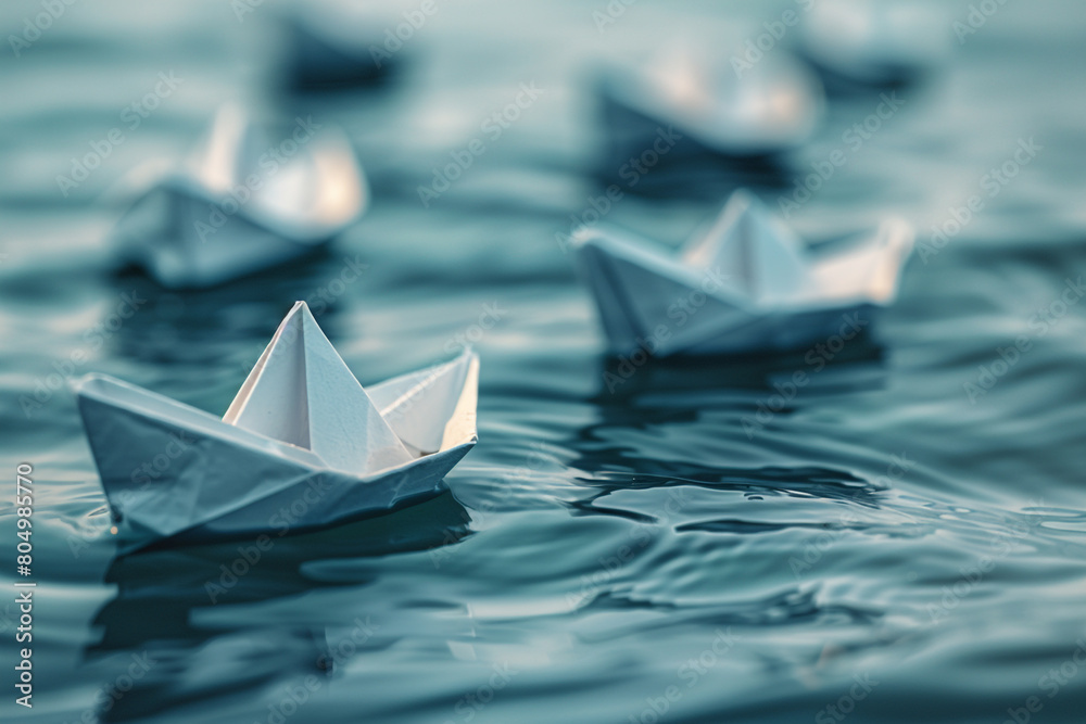 An array of paper boats with one leading in a different direction, symbolizing leadership and the courage to chart a new course An array of paper boats with one leading in a different direction, symbolizing leadership and the courage to chart a new course