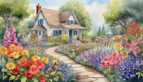 Watercolor Depiction Of A Charming Cottage Garden Upscaled 2