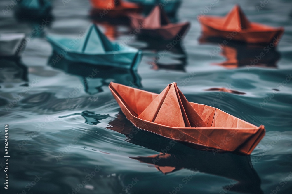Obraz premium An array of paper boats with one leading in a different direction, symbolizing leadership and the courage to chart a new course 