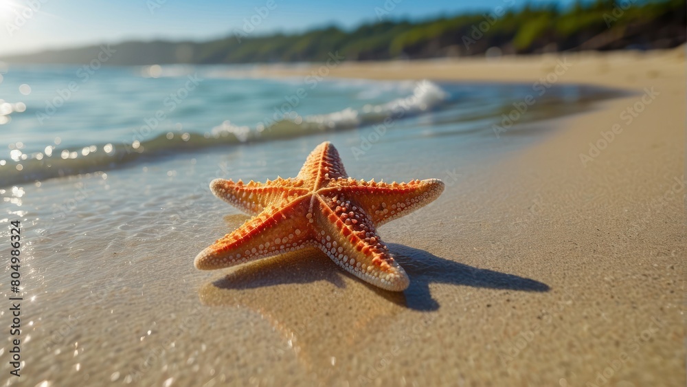 A starfish on sandy beach with ocean backdrop capturing summer vibes A starfish on sandy beach with ocean backdrop capturing summer vibes