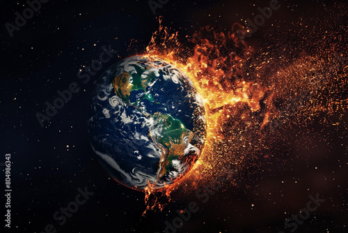 An artistic dramatic representation of Earth splitting emphasizing the severity of the climate change crisis 