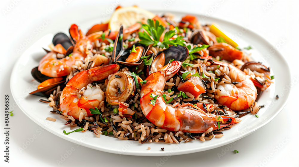 Tasty boiled wild rice with seafood on plate isolated