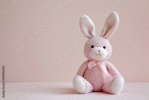 Pink plush rabbit with white details on a pastel pink background. Studio photography. Easter and childhood concept. Design for poster, greeting card.