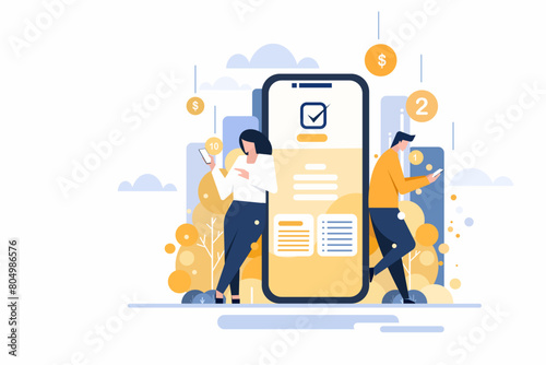 Illustration of two persons doing digital money transaction through mobile phone