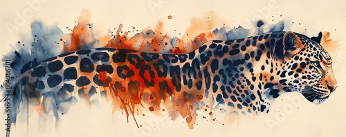 A watercolor painting of a jaguar with a blue and orange background