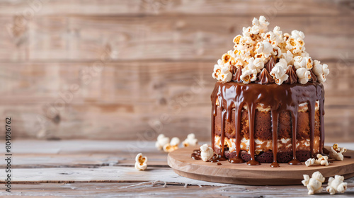 Tasty cake with popcorn and caramel on light wooden background