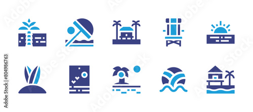 Beach icon set. Duotone color. Vector illustration. Containing beachhouse, beachvolleyball, beachsunset, beachchair, beach, coconuttree, surfboard.