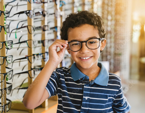 Portrait of cute young boy wearing glasses in boutique optician shop for optic toddler 