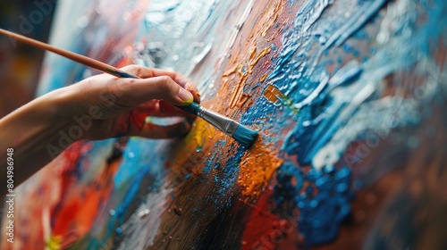 Close-up of artist's hand painting on canvas. Colorful abstract artwork for cultural and educational