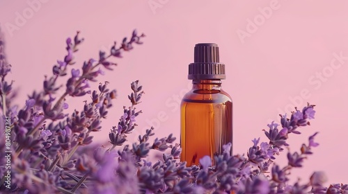 A close-up image of a bottle of essential oil with lavender flowers in the background.